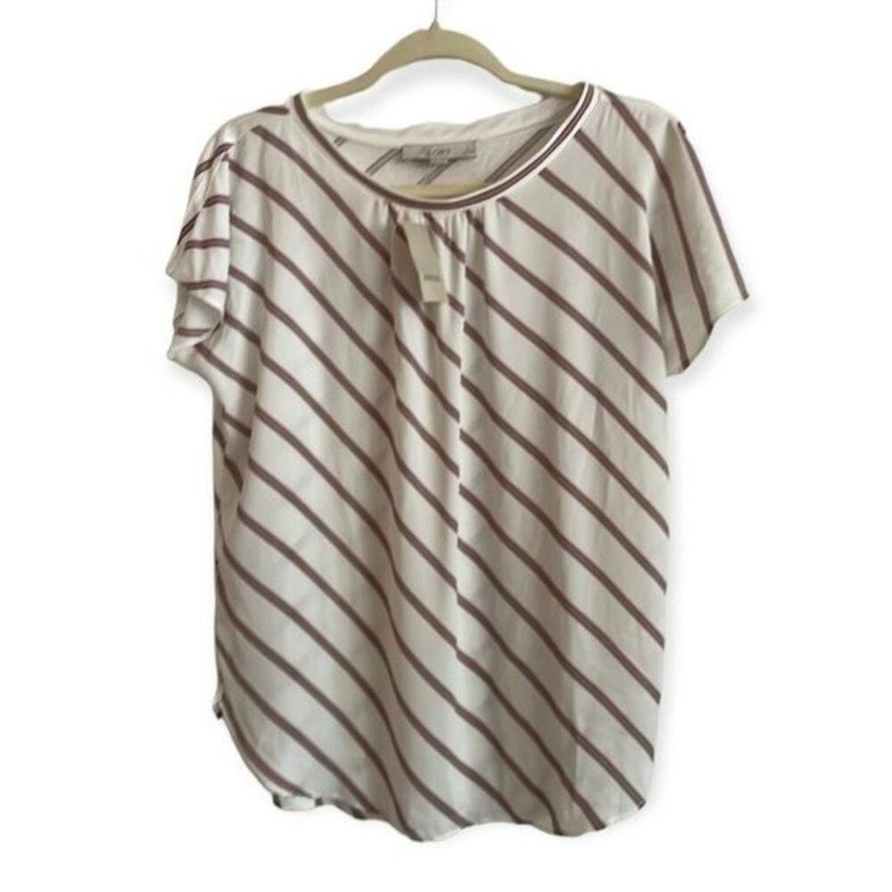 NWT LOFT Petite Small Diagonal Stripe Short Sleeve Blouse White Red Grey Top